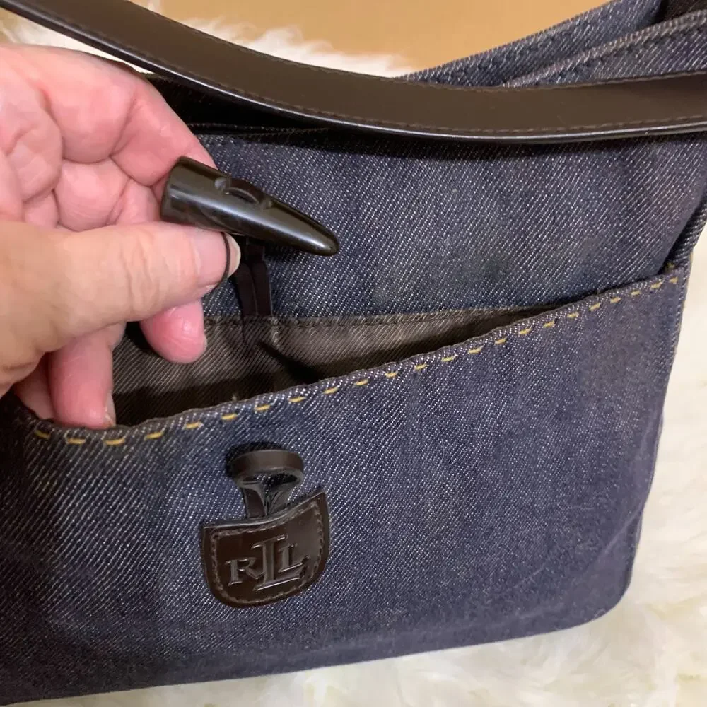 RALPH LAUREN Blue Denim Y2K Vintage Shoulder Bag Slim Hobo Contrast Stitching